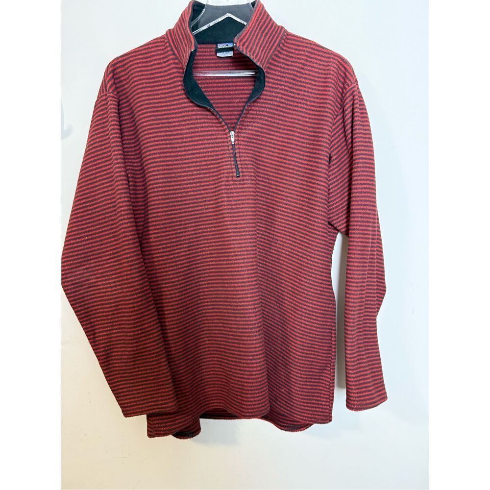 Vintage Patagonia Men's L Microfleece Red Gray Stripe Mock Neck 1/4 Zip Sweater